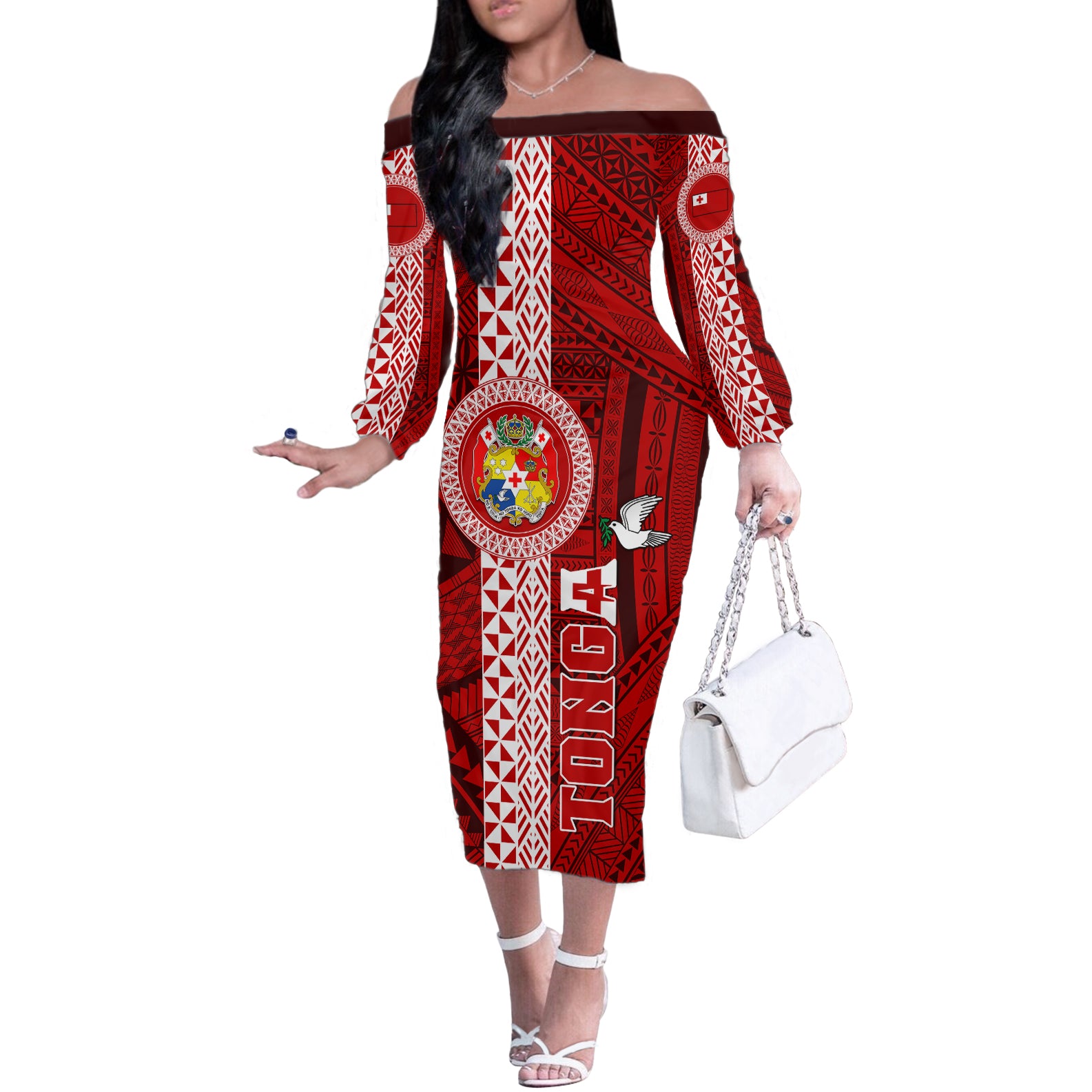 Tonga Rugby Off The Shoulder Long Sleeve Dress World Cup 2023 Coat Of Arms Ngatu Pattern LT05 Women Red - Polynesian Pride