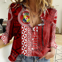 Tonga Rugby Women Casual Shirt World Cup 2023 Coat Of Arms Ngatu Pattern LT05 Female Red - Polynesian Pride