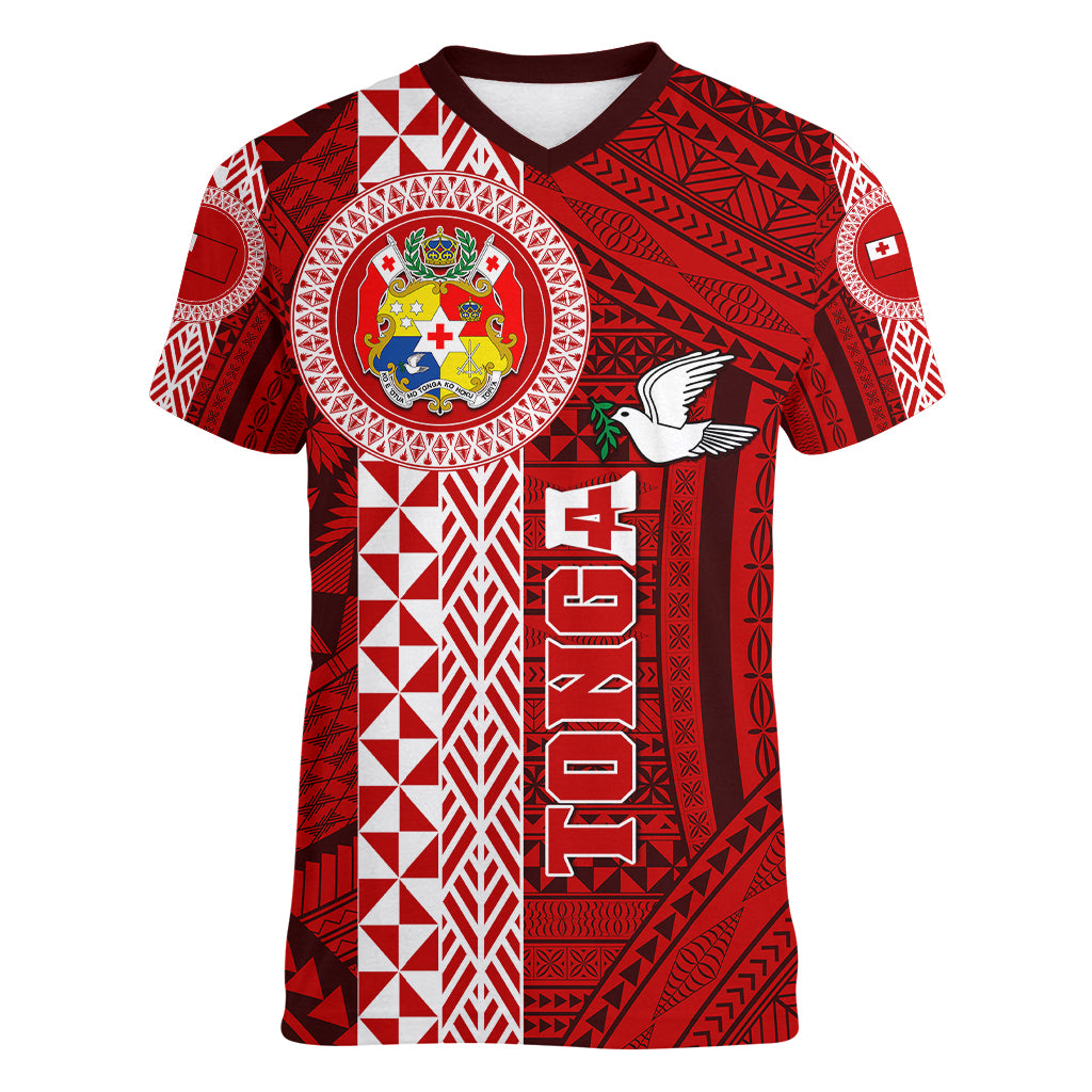 Tonga Rugby Women V Neck T Shirt World Cup 2023 Coat Of Arms Ngatu Pattern LT05 Female Red - Polynesian Pride