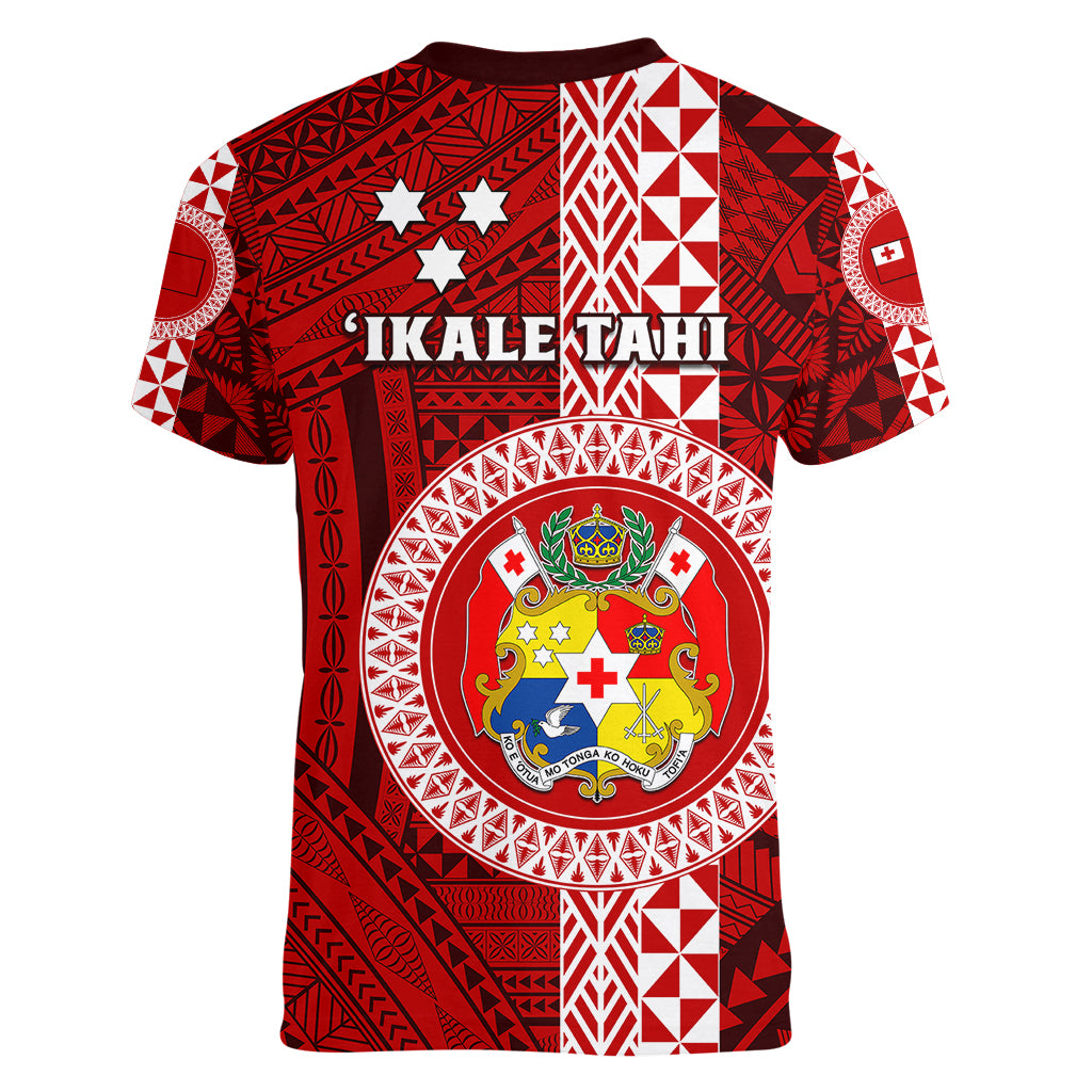 Tonga Rugby Women V Neck T Shirt World Cup 2023 Coat Of Arms Ngatu Pattern LT05 - Polynesian Pride