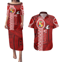 Custom Tonga Rugby Couples Matching Puletasi Dress and Hawaiian Shirt World Cup 2023 Coat Of Arms Ngatu Pattern LT05 Red - Polynesian Pride