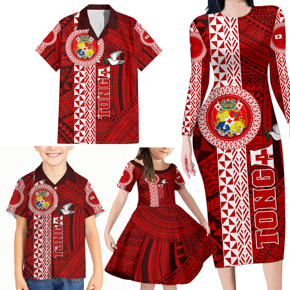 Custom Tonga Rugby Family Matching Long Sleeve Bodycon Dress and Hawaiian Shirt World Cup 2023 Coat Of Arms Ngatu Pattern LT05 - Polynesian Pride