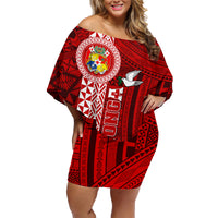 Custom Tonga Rugby Family Matching Off Shoulder Short Dress and Hawaiian Shirt World Cup 2023 Coat Of Arms Ngatu Pattern LT05 Mom's Dress Red - Polynesian Pride