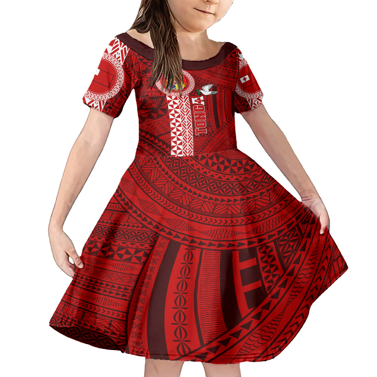 Custom Tonga Rugby Family Matching Short Sleeve Bodycon Dress and Hawaiian Shirt World Cup 2023 Coat Of Arms Ngatu Pattern LT05 Daughter's Dress Red - Polynesian Pride