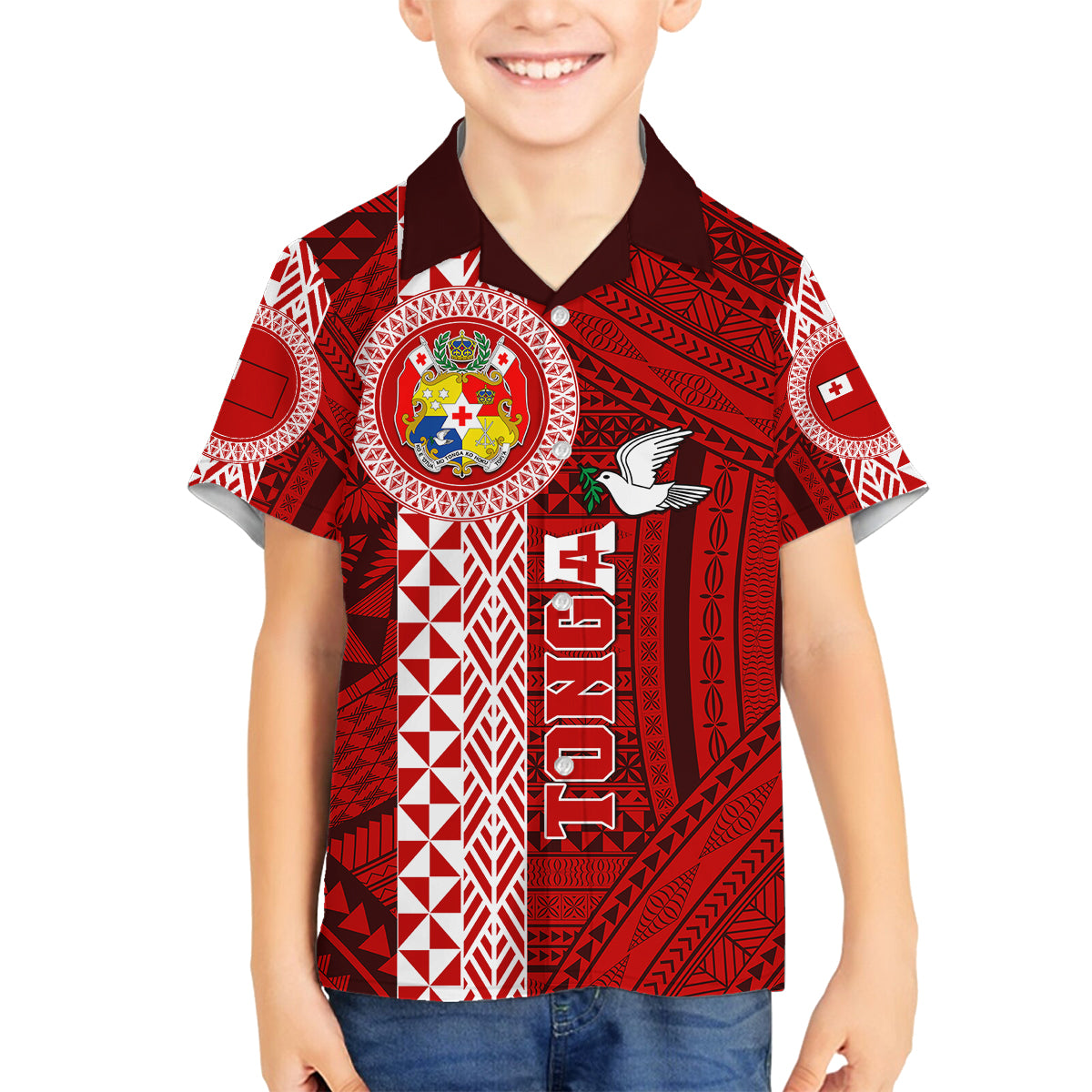 Custom Tonga Rugby Family Matching Tank Maxi Dress and Hawaiian Shirt World Cup 2023 Coat Of Arms Ngatu Pattern LT05 Son's Shirt Red - Polynesian Pride