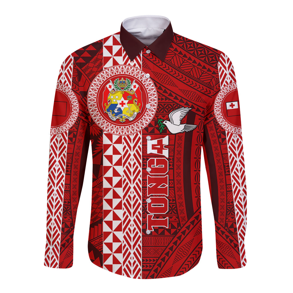 Custom Tonga Rugby Long Sleeve Button Shirt World Cup 2023 Coat Of Arms Ngatu Pattern LT05 Unisex Red - Polynesian Pride