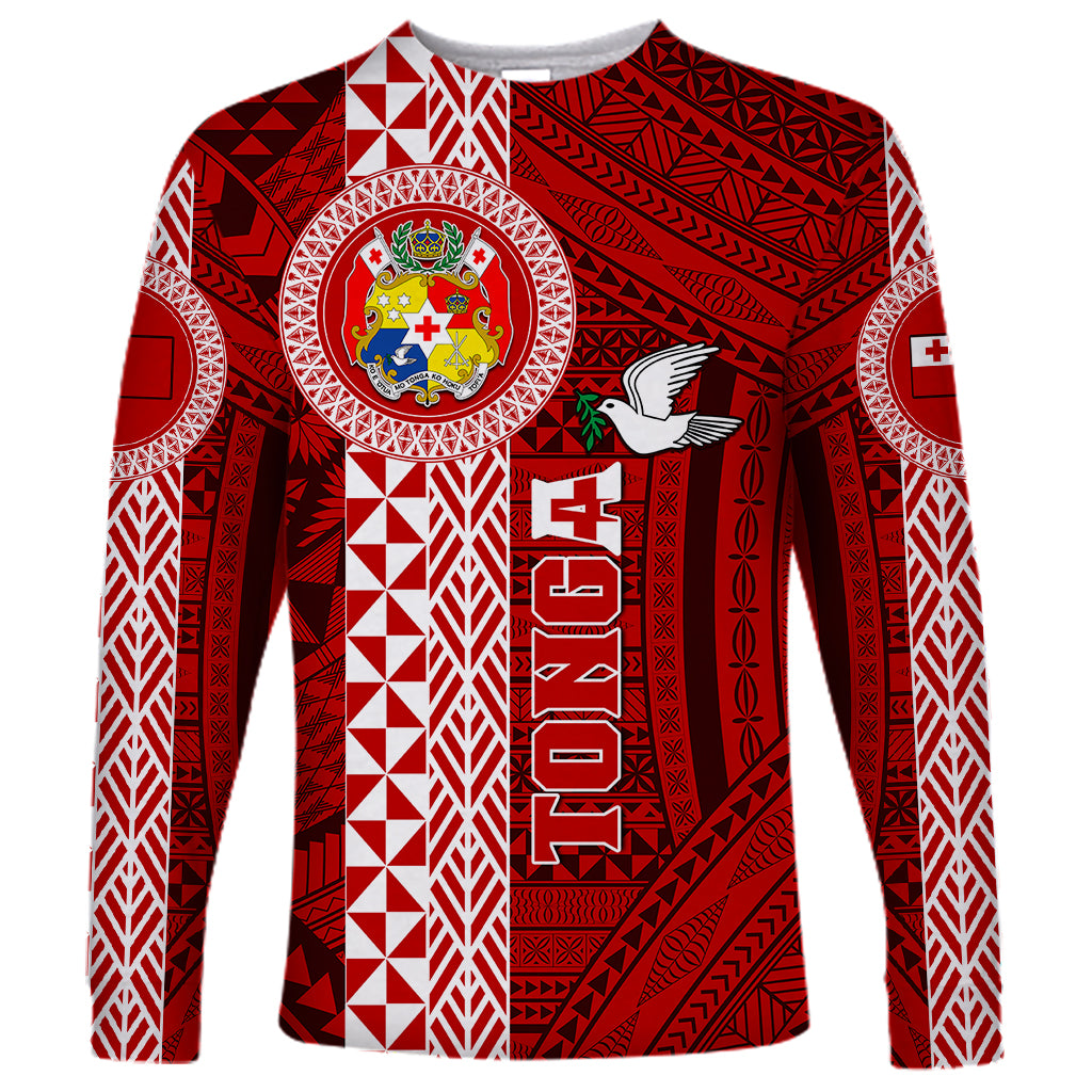 Custom Tonga Rugby Long Sleeve Shirt World Cup 2023 Coat Of Arms Ngatu Pattern LT05 Unisex Red - Polynesian Pride