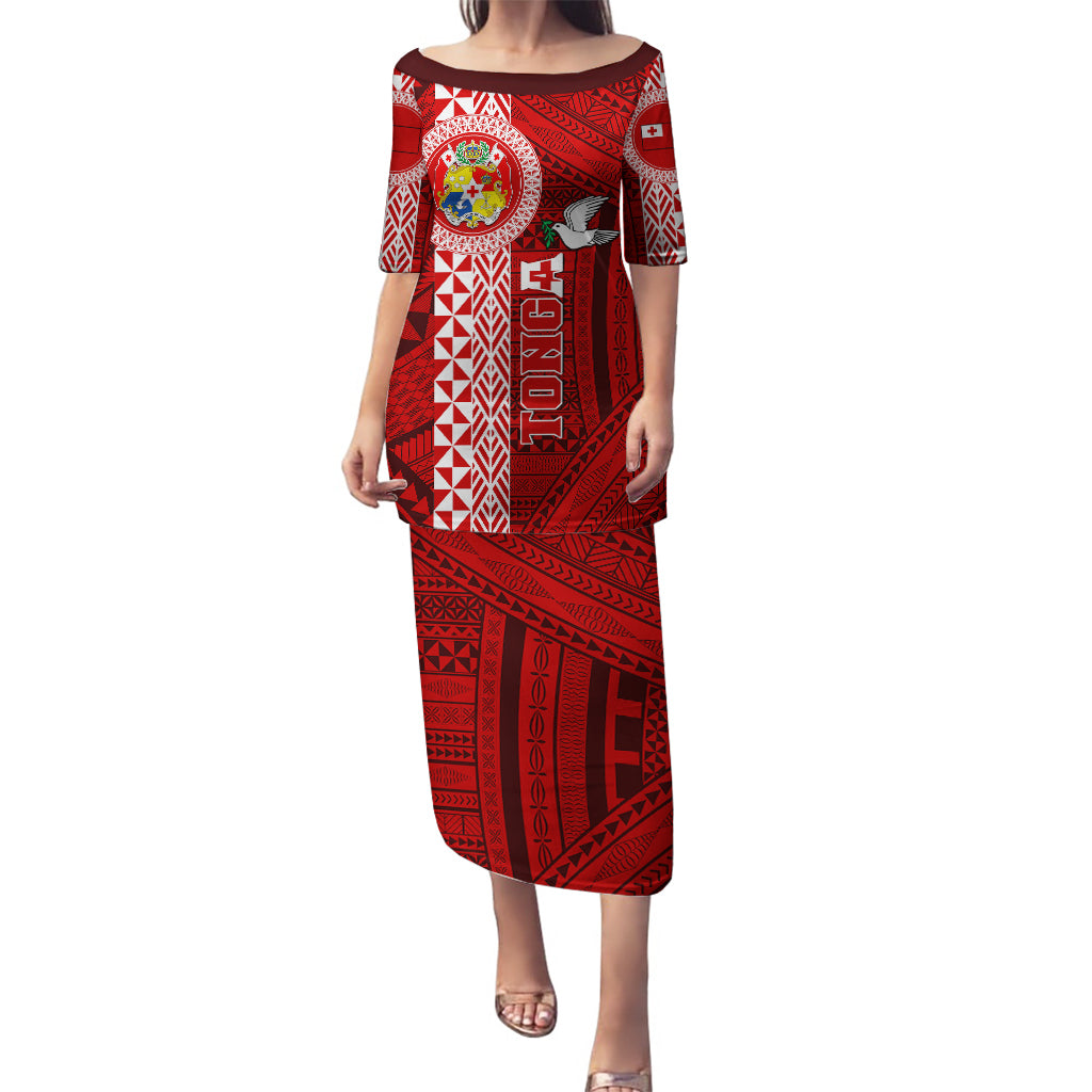 Custom Tonga Rugby Puletasi World Cup 2023 Coat Of Arms Ngatu Pattern LT05 Long Dress Red - Polynesian Pride