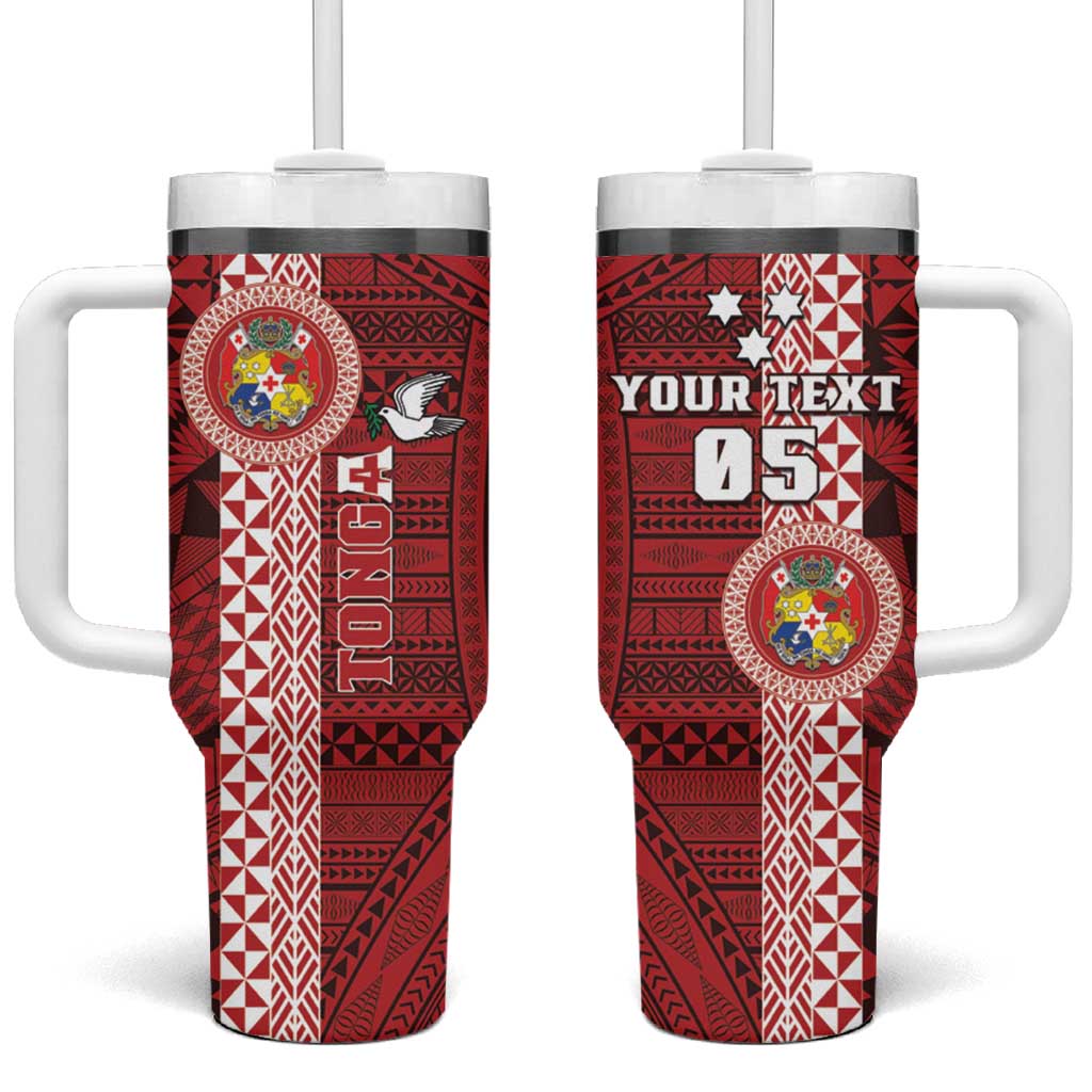 Custom Tonga Rugby Tumbler With Handle World Cup 2023 Coat Of Arms Ngatu Pattern