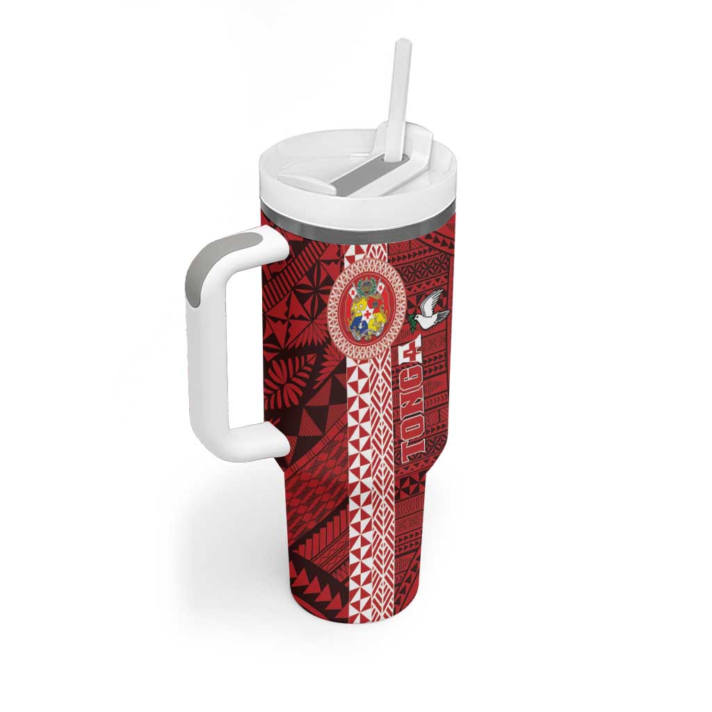 Custom Tonga Rugby Tumbler With Handle World Cup 2023 Coat Of Arms Ngatu Pattern LT05 - Polynesian Pride