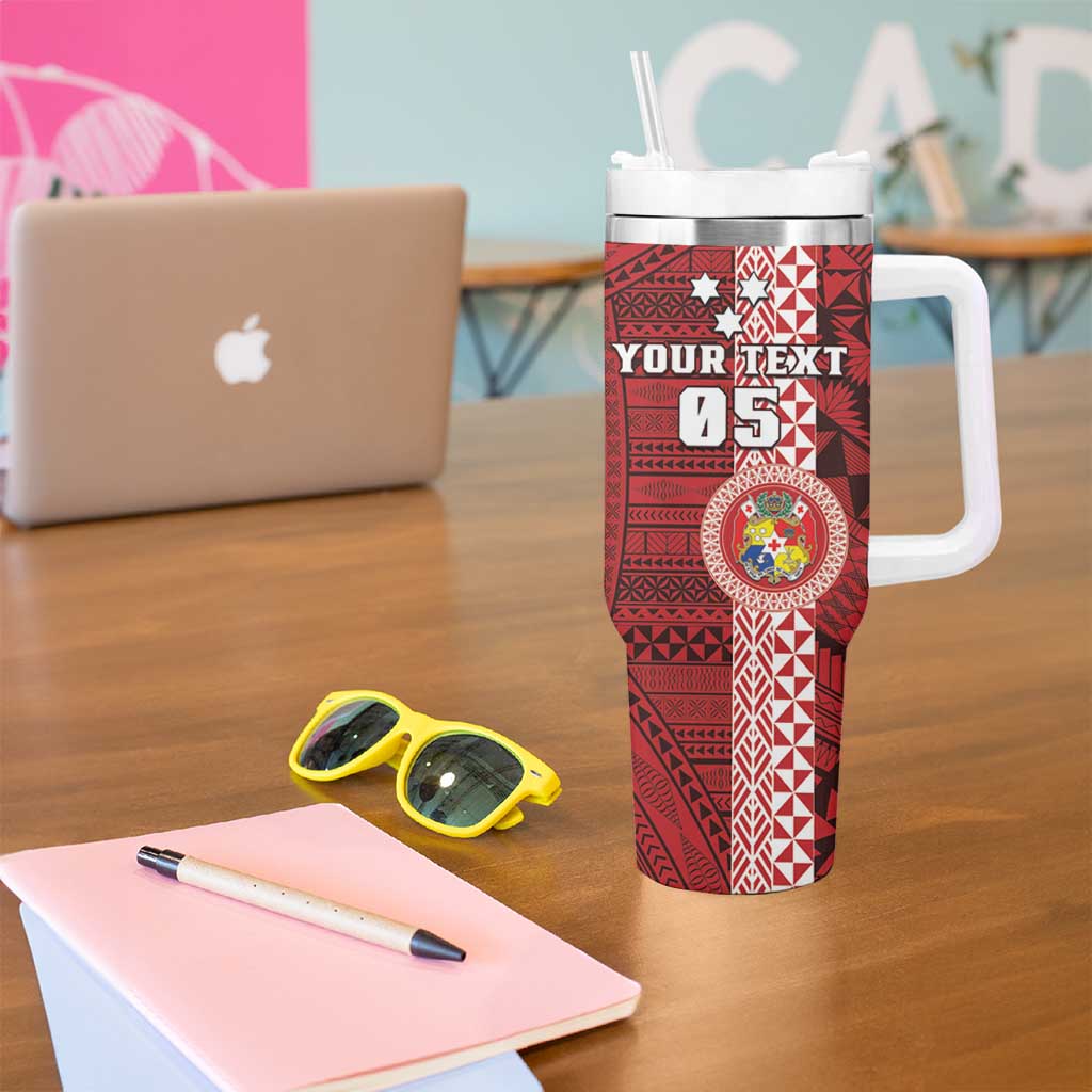 Custom Tonga Rugby Tumbler With Handle World Cup 2023 Coat Of Arms Ngatu Pattern LT05 - Polynesian Pride
