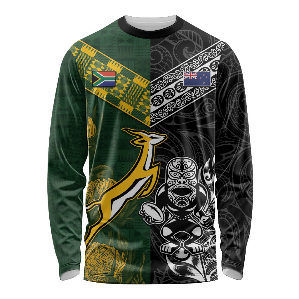 Rugby New Zealand South Africa Long Sleeve Shirt Maori Tiki Springboks Together LT05 Unisex Black - Polynesian Pride
