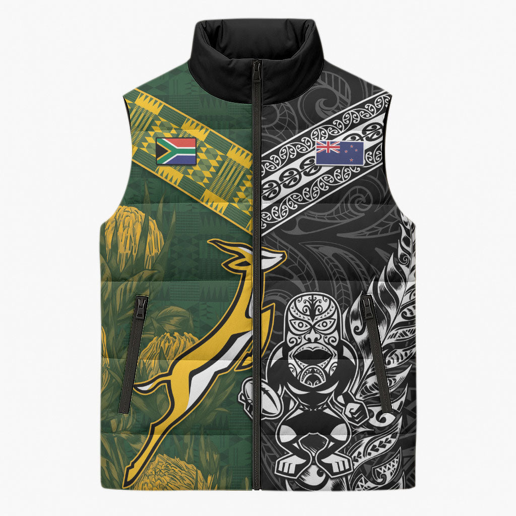 Rugby New Zealand South Africa Sleeveless Puffer Jacket Maori Tiki Springboks Together