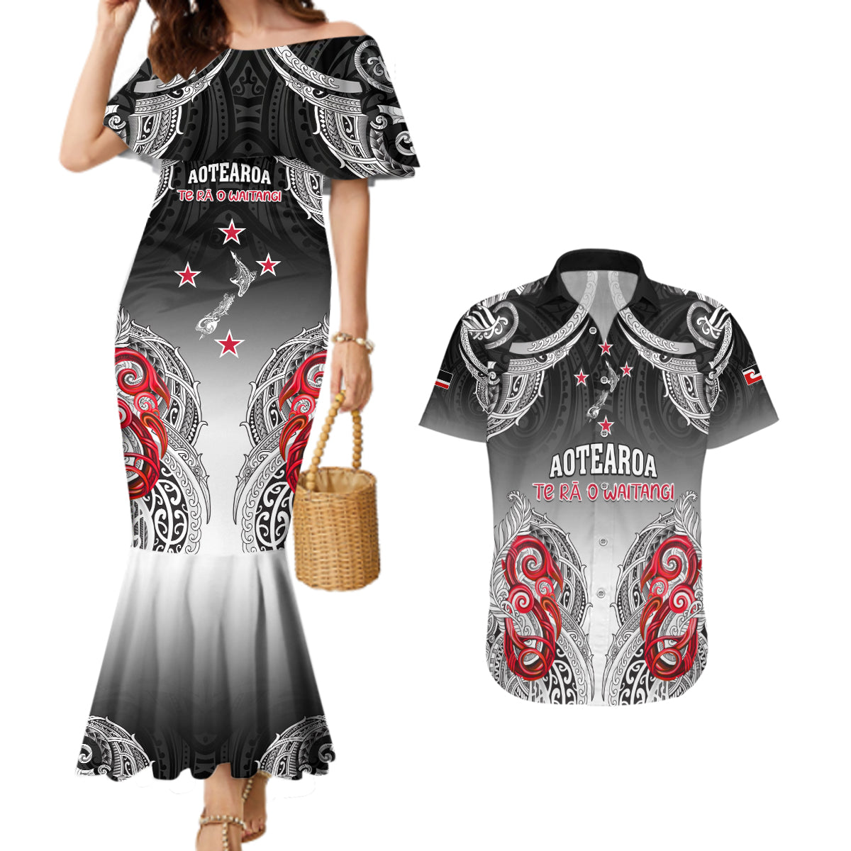 Personalised New Zealand Waitangi Day Couples Matching Mermaid Dress and Hawaiian Shirt Aotearoa Te Ra O Waitangi Manaia Maori Pattern LT05 Black - Polynesian Pride