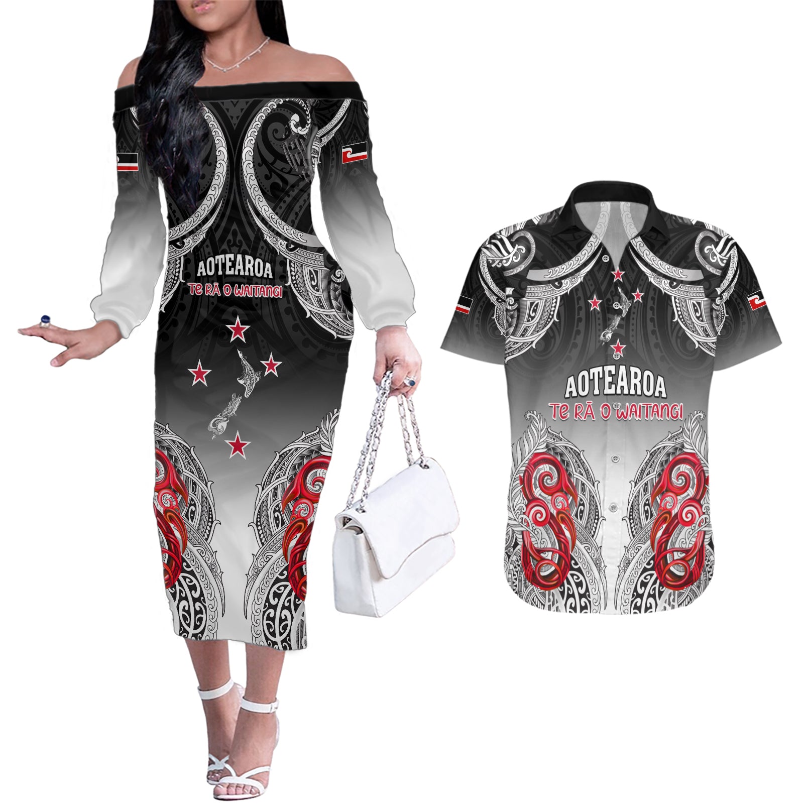 Personalised New Zealand Waitangi Day Couples Matching Off The Shoulder Long Sleeve Dress and Hawaiian Shirt Aotearoa Te Ra O Waitangi Manaia Maori Pattern LT05 Black - Polynesian Pride