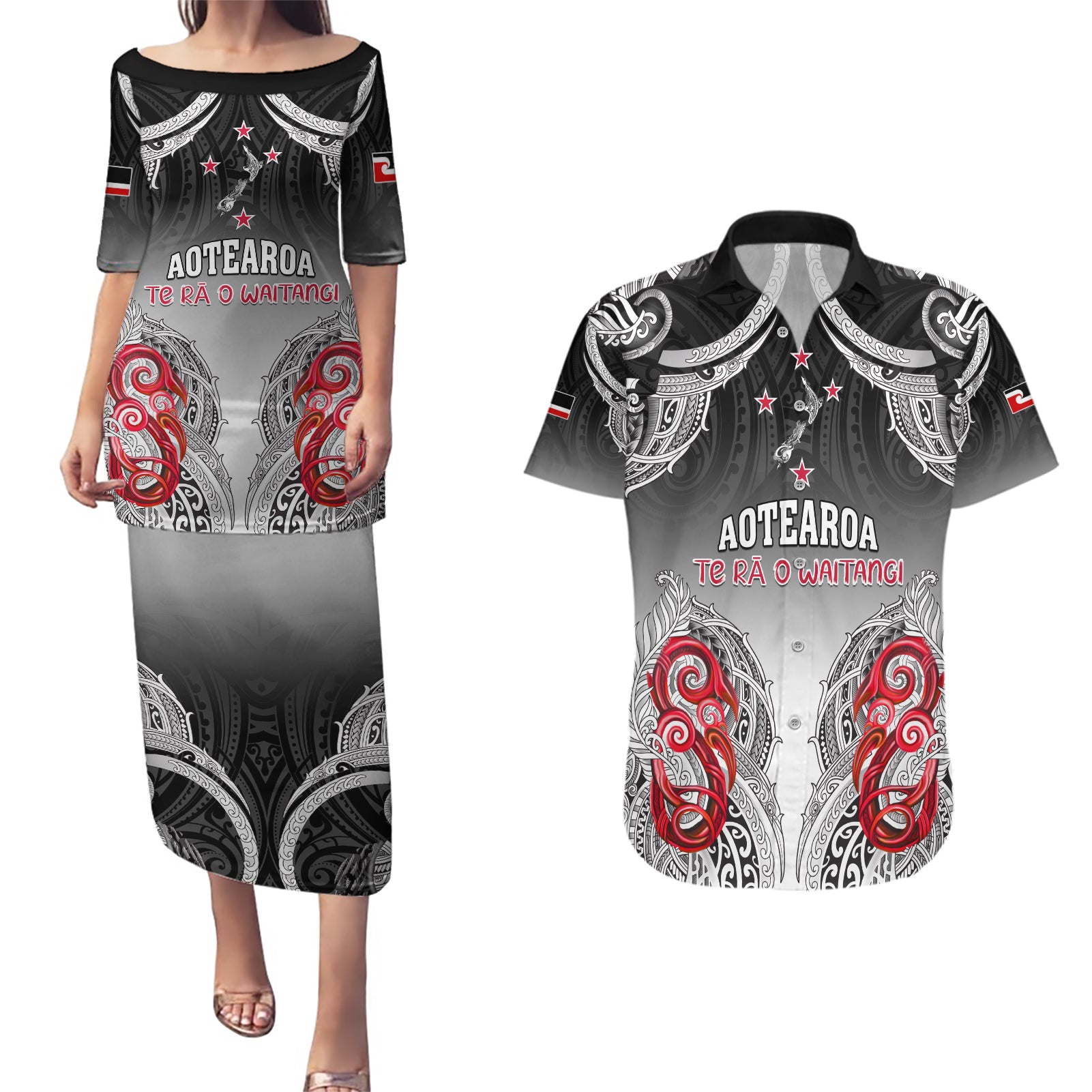 Personalised New Zealand Waitangi Day Couples Matching Puletasi Dress and Hawaiian Shirt Aotearoa Te Ra O Waitangi Manaia Maori Pattern LT05 Black - Polynesian Pride