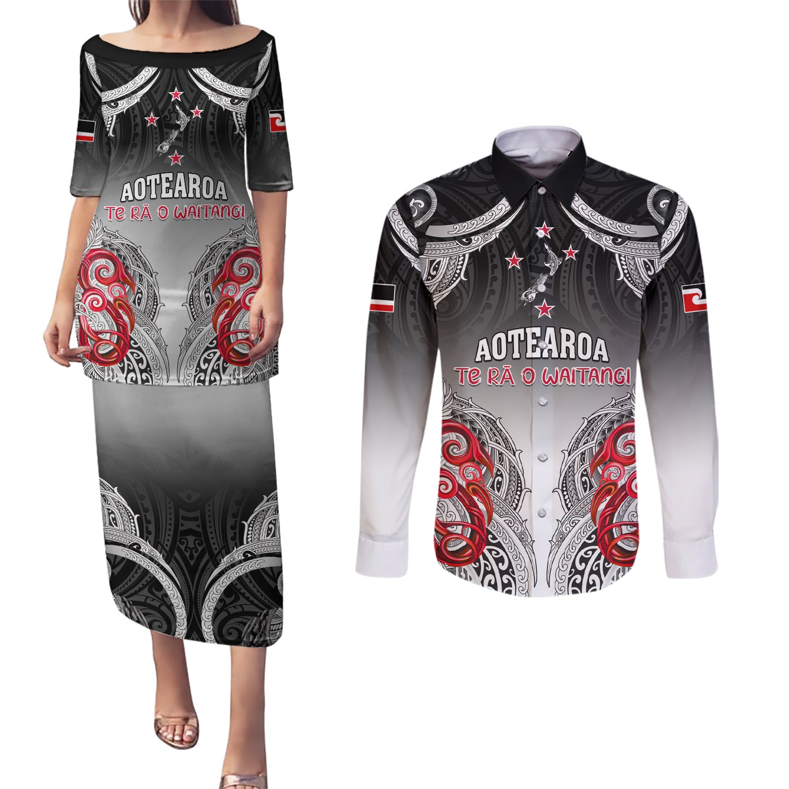 Personalised New Zealand Waitangi Day Couples Matching Puletasi Dress and Long Sleeve Button Shirt Aotearoa Te Ra O Waitangi Manaia Maori Pattern LT05 Black - Polynesian Pride