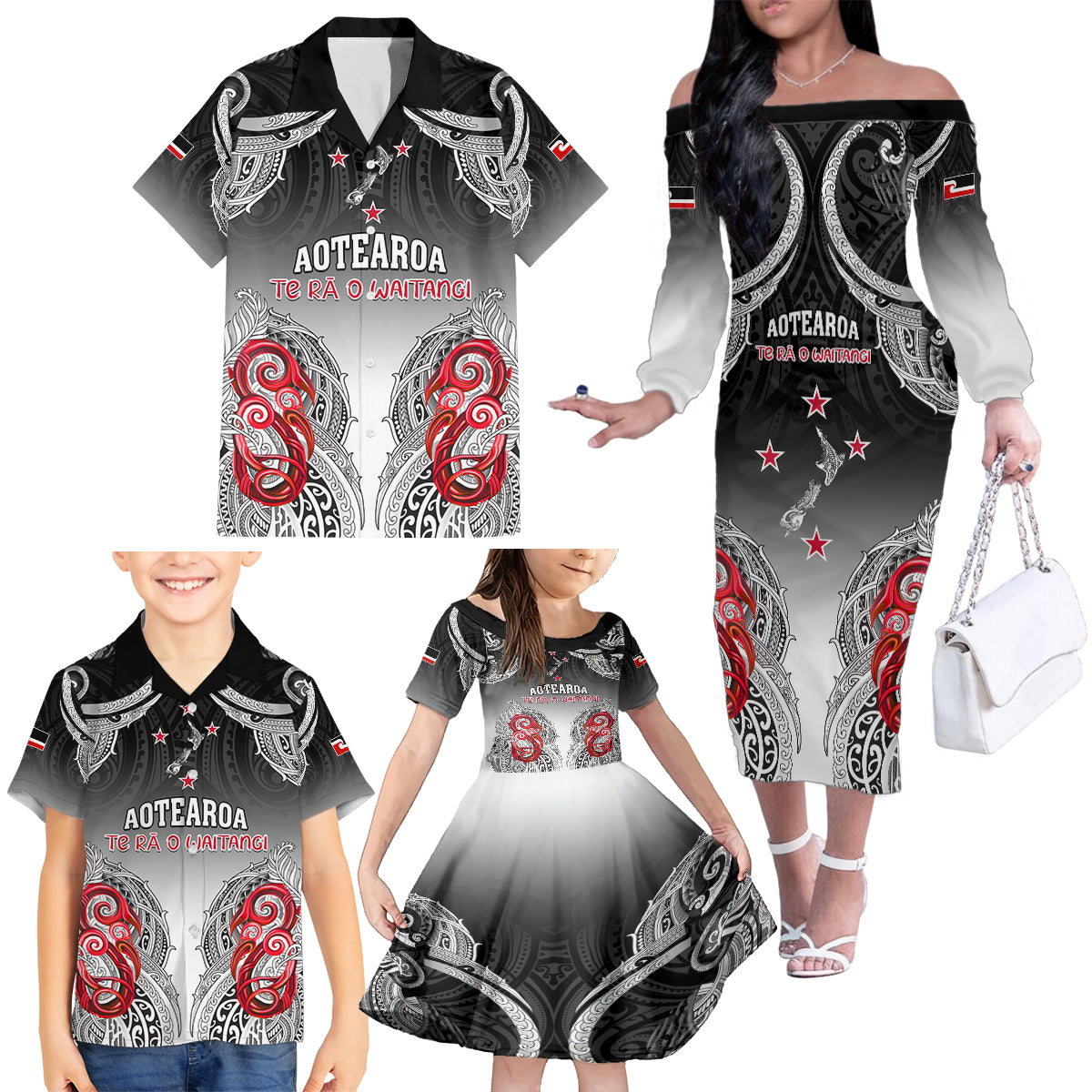 Personalised New Zealand Waitangi Day Family Matching Off Shoulder Long Sleeve Dress and Hawaiian Shirt Aotearoa Te Ra O Waitangi Manaia Maori Pattern LT05 - Polynesian Pride