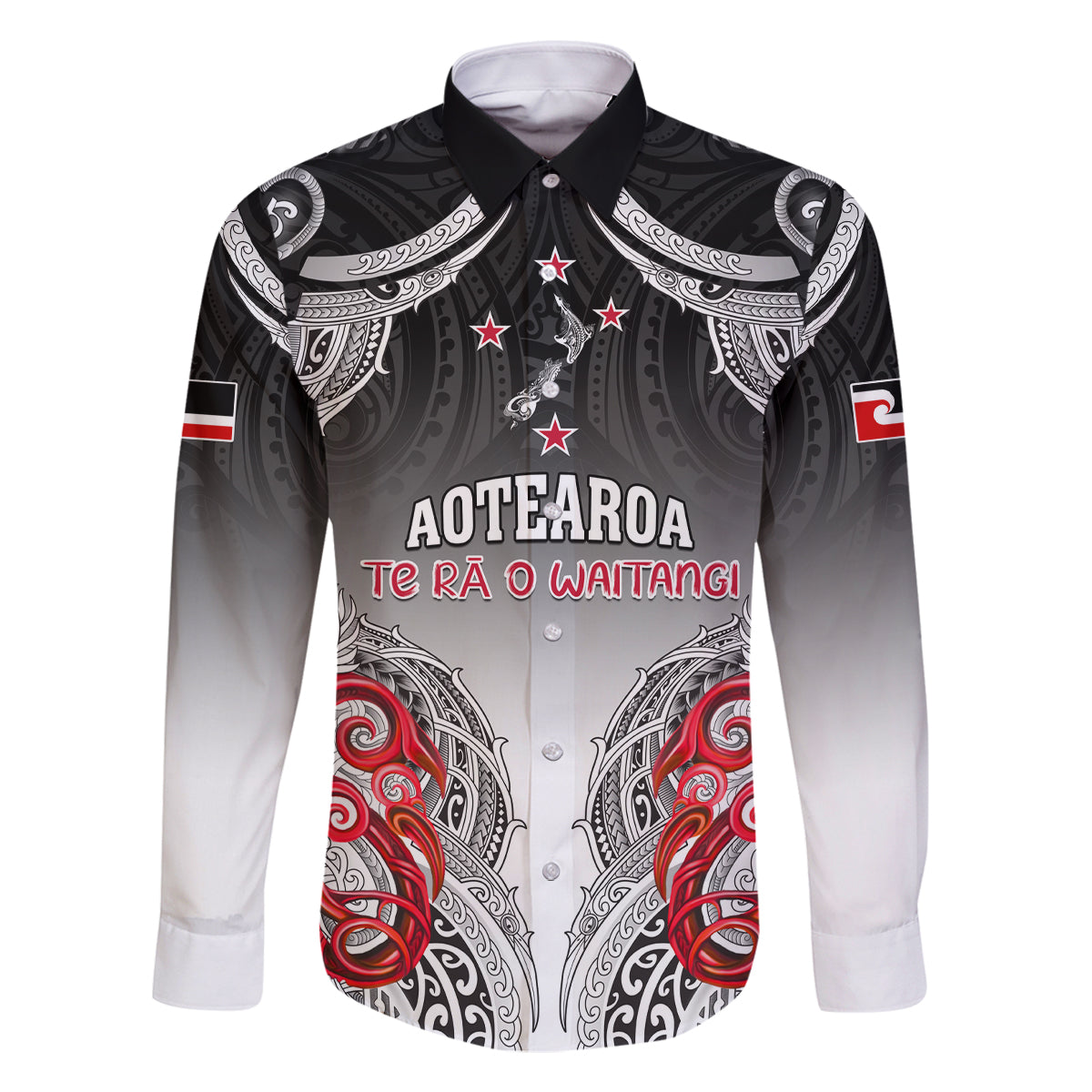 Personalised New Zealand Waitangi Day Family Matching Off Shoulder Maxi Dress and Hawaiian Shirt Aotearoa Te Ra O Waitangi Manaia Maori Pattern LT05 Dad's Shirt - Long Sleeve Black - Polynesian Pride