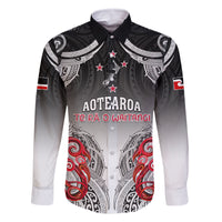 Personalised New Zealand Waitangi Day Family Matching Off Shoulder Maxi Dress and Hawaiian Shirt Aotearoa Te Ra O Waitangi Manaia Maori Pattern LT05 Dad's Shirt - Long Sleeve Black - Polynesian Pride