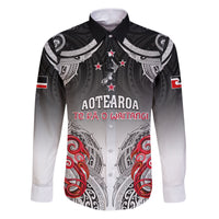 Personalised New Zealand Waitangi Day Family Matching Puletasi Dress and Hawaiian Shirt Aotearoa Te Ra O Waitangi Manaia Maori Pattern LT05 Dad's Shirt - Long Sleeve Black - Polynesian Pride