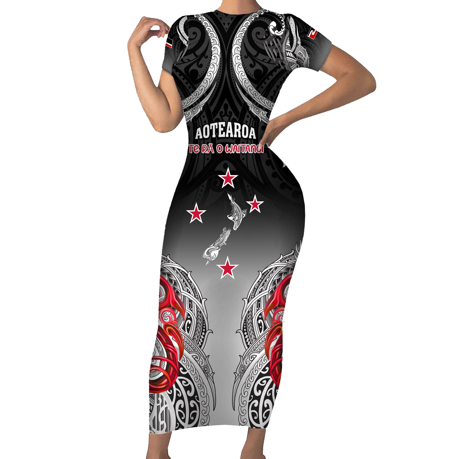 Personalised New Zealand Waitangi Day Short Sleeve Bodycon Dress Aotearoa Te Ra O Waitangi Manaia Maori Pattern LT05 Long Dress Black - Polynesian Pride