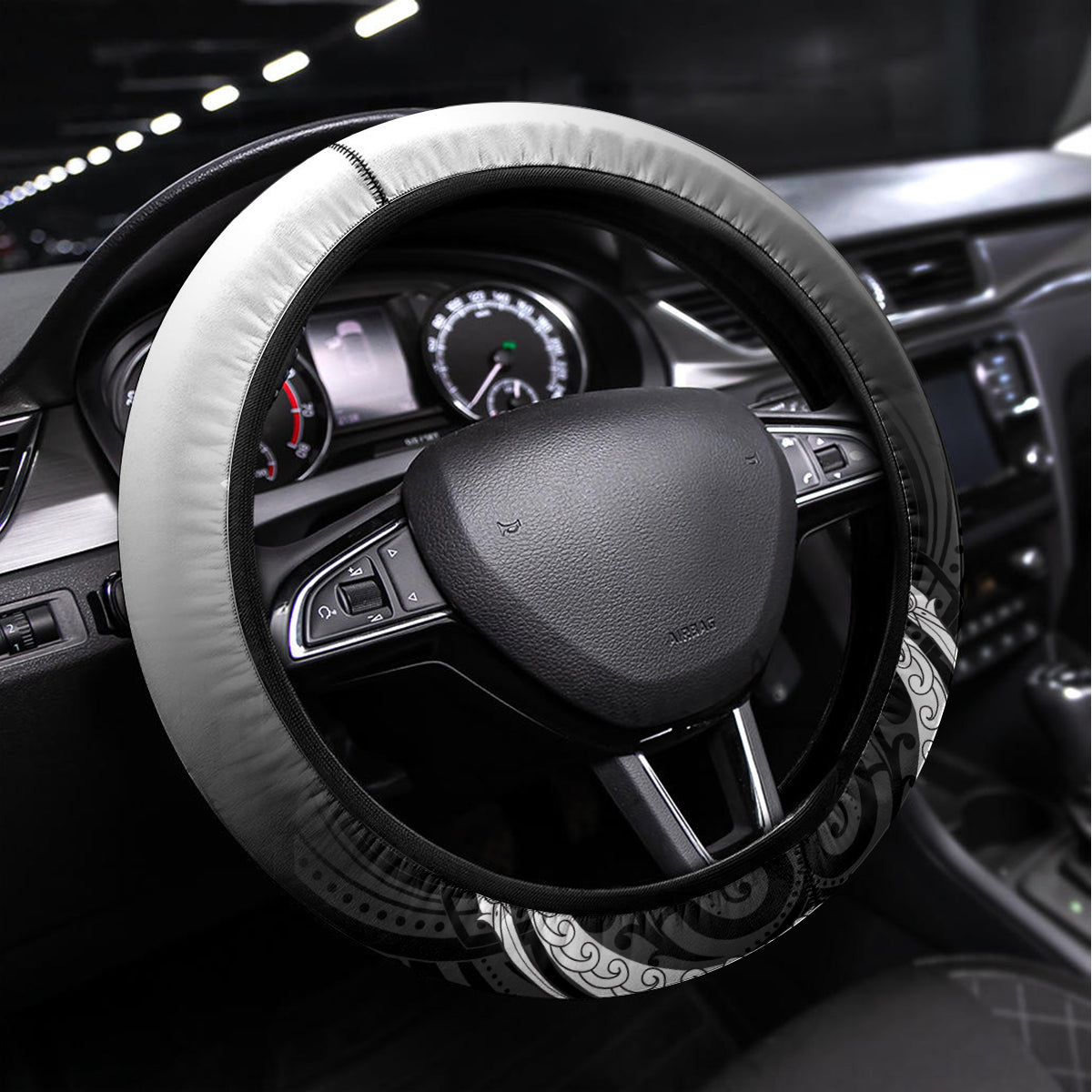 New Zealand Waitangi Day Steering Wheel Cover Aotearoa Te Ra O Waitangi Manaia Maori Pattern LT05 Universal Fit Black - Polynesian Pride