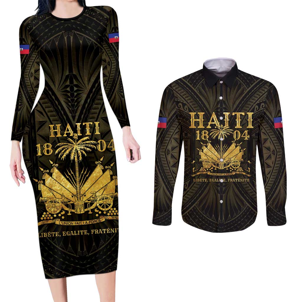 Haiti 1804 Couples Matching Long Sleeve Bodycon Dress and Long Sleeve Button Shirt Polynesian Gold Neg Maron LT05 Gold - Polynesian Pride