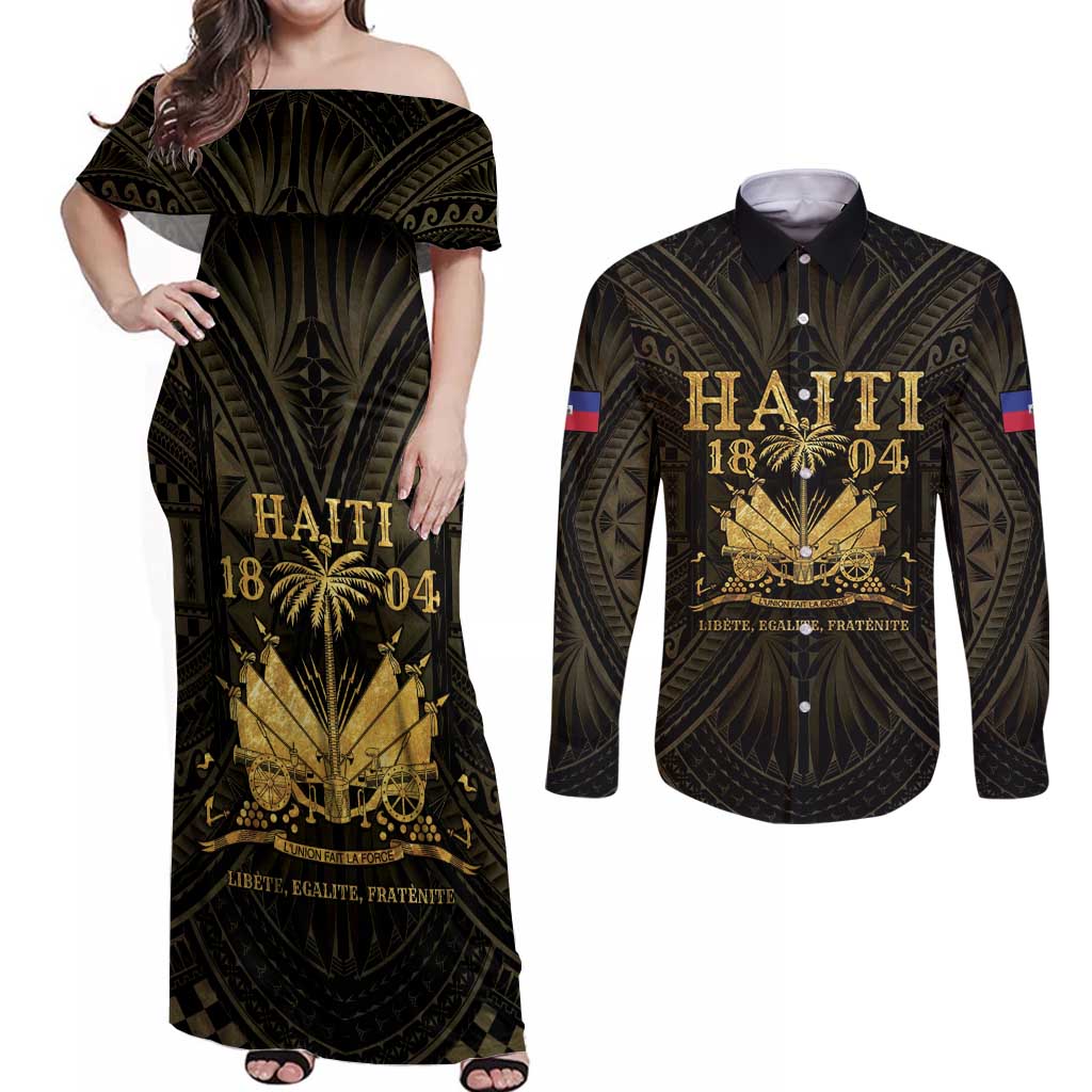 Haiti 1804 Couples Matching Off Shoulder Maxi Dress and Long Sleeve Button Shirt Polynesian Gold Neg Maron LT05 Gold - Polynesian Pride