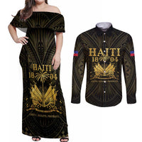 Haiti 1804 Couples Matching Off Shoulder Maxi Dress and Long Sleeve Button Shirt Polynesian Gold Neg Maron LT05 Gold - Polynesian Pride