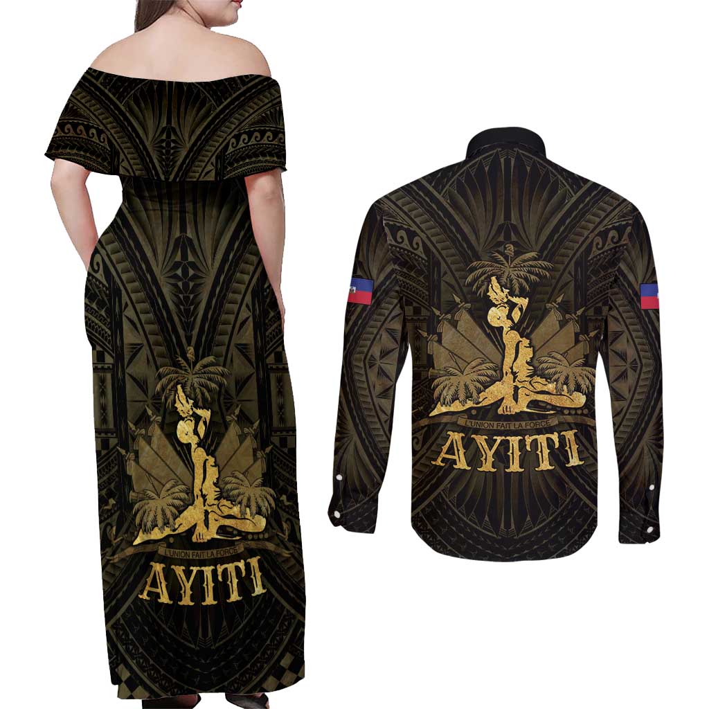 Haiti 1804 Couples Matching Off Shoulder Maxi Dress and Long Sleeve Button Shirt Polynesian Gold Neg Maron LT05 - Polynesian Pride
