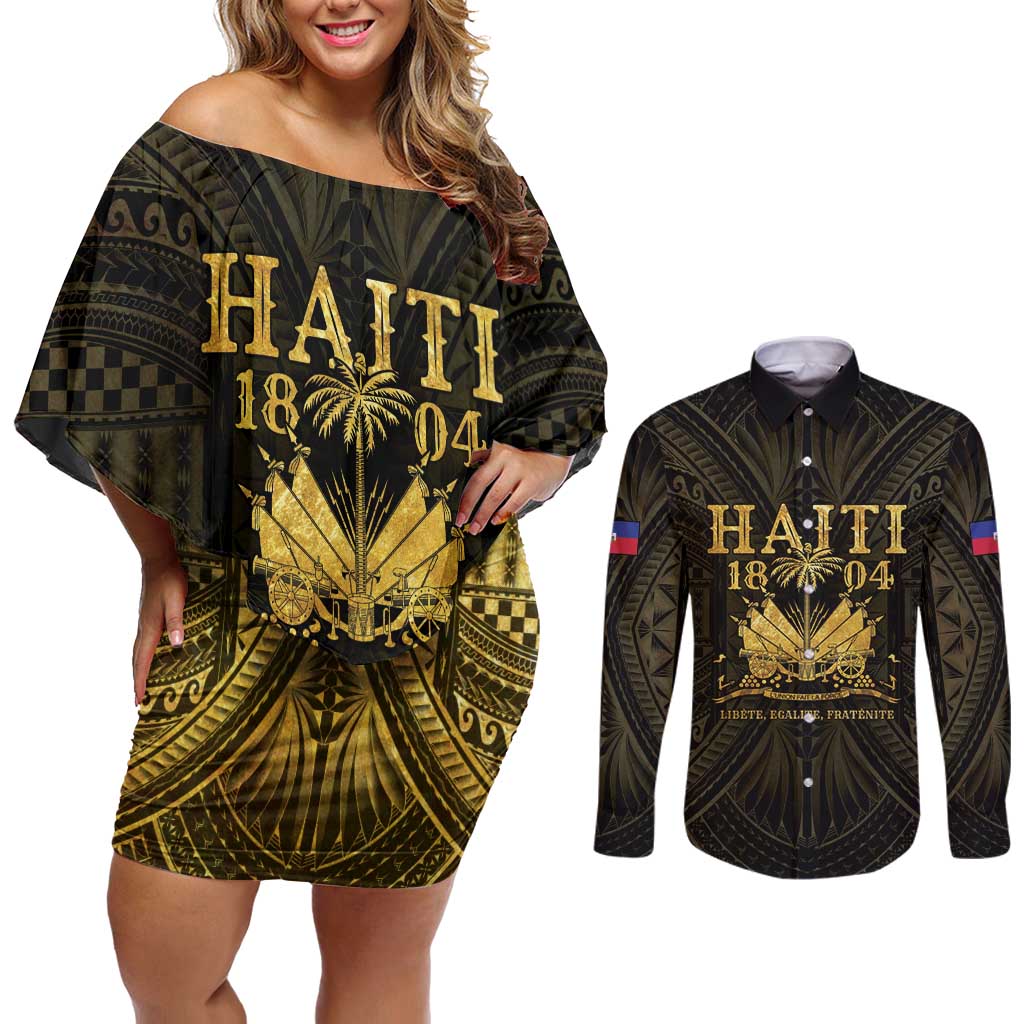 Haiti 1804 Couples Matching Off Shoulder Short Dress and Long Sleeve Button Shirt Polynesian Gold Neg Maron LT05 Gold - Polynesian Pride