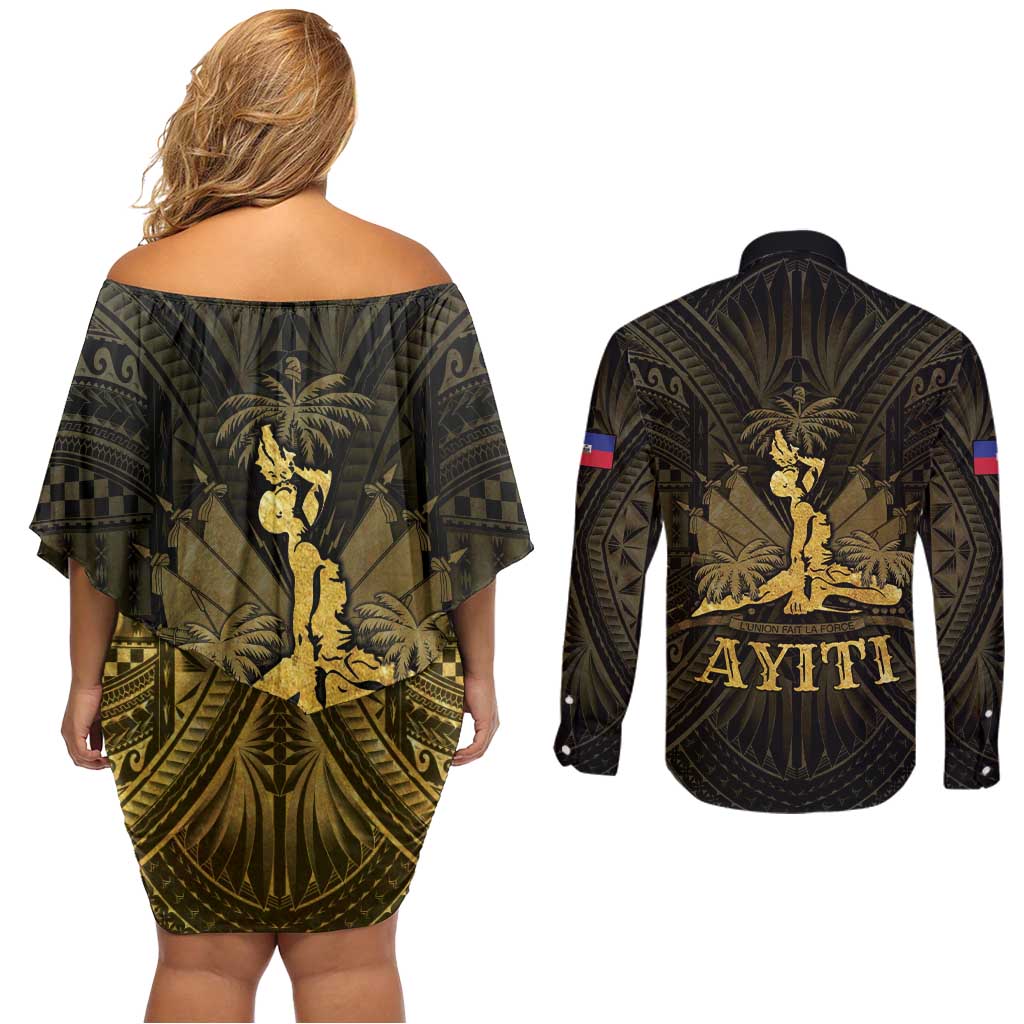 Haiti 1804 Couples Matching Off Shoulder Short Dress and Long Sleeve Button Shirt Polynesian Gold Neg Maron LT05 - Polynesian Pride