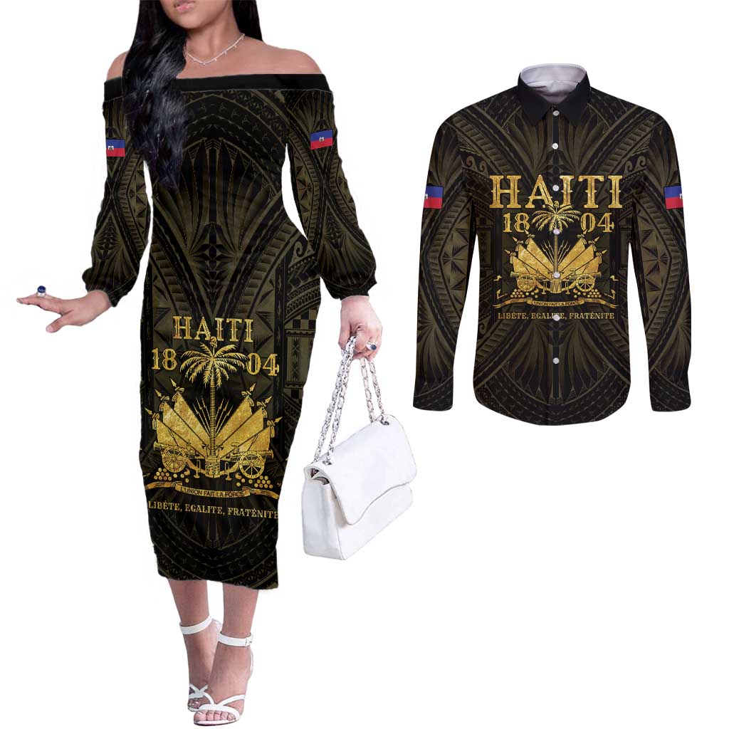 Haiti 1804 Couples Matching Off The Shoulder Long Sleeve Dress and Long Sleeve Button Shirt Polynesian Gold Neg Maron LT05 Gold - Polynesian Pride