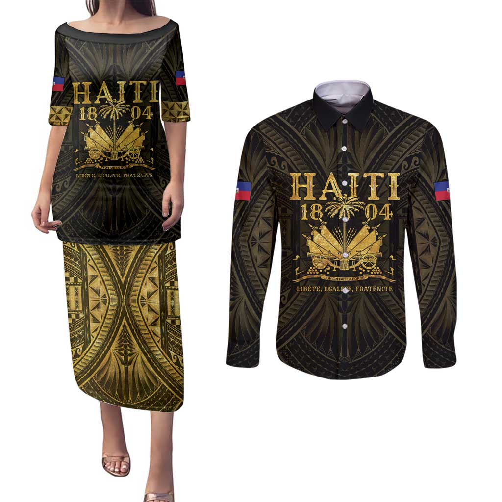 Haiti 1804 Couples Matching Puletasi and Long Sleeve Button Shirt Polynesian Gold Neg Maron LT05 Gold - Polynesian Pride