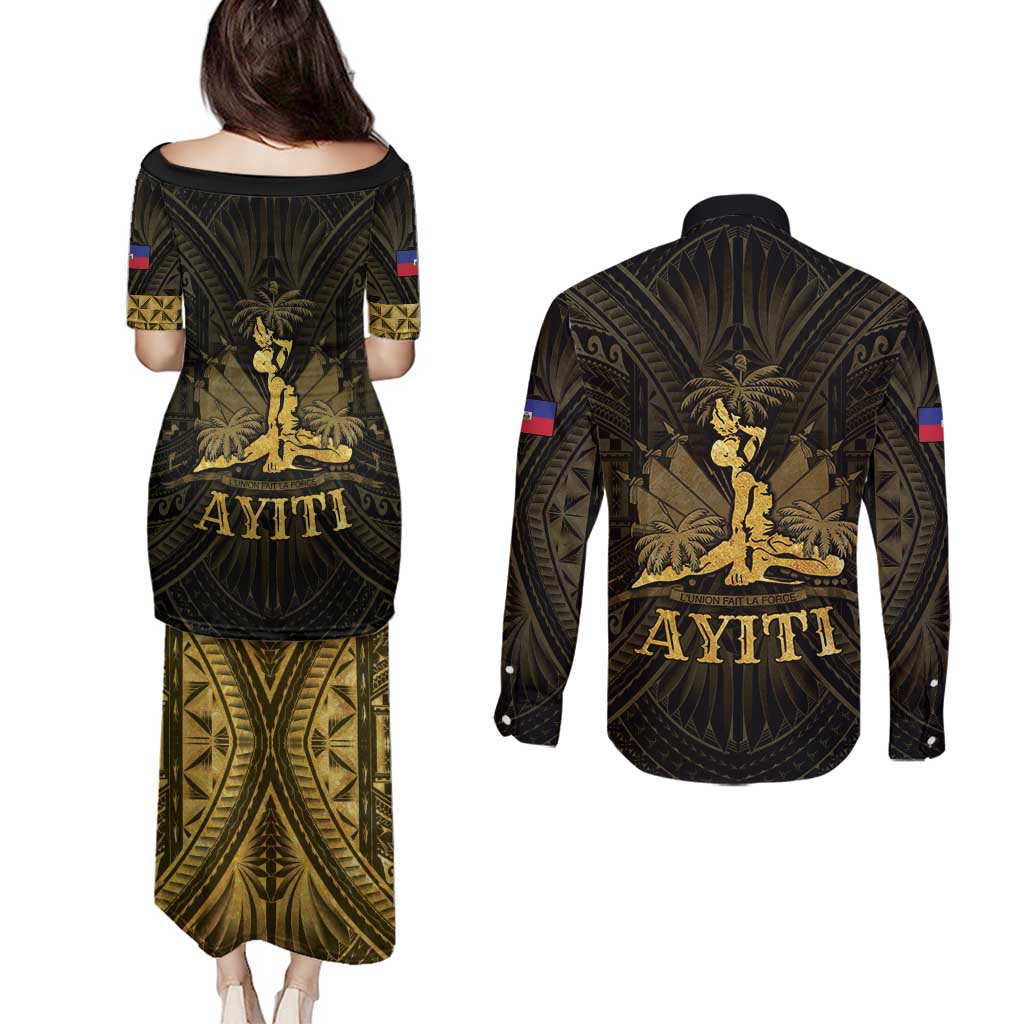 Haiti 1804 Couples Matching Puletasi and Long Sleeve Button Shirt Polynesian Gold Neg Maron
