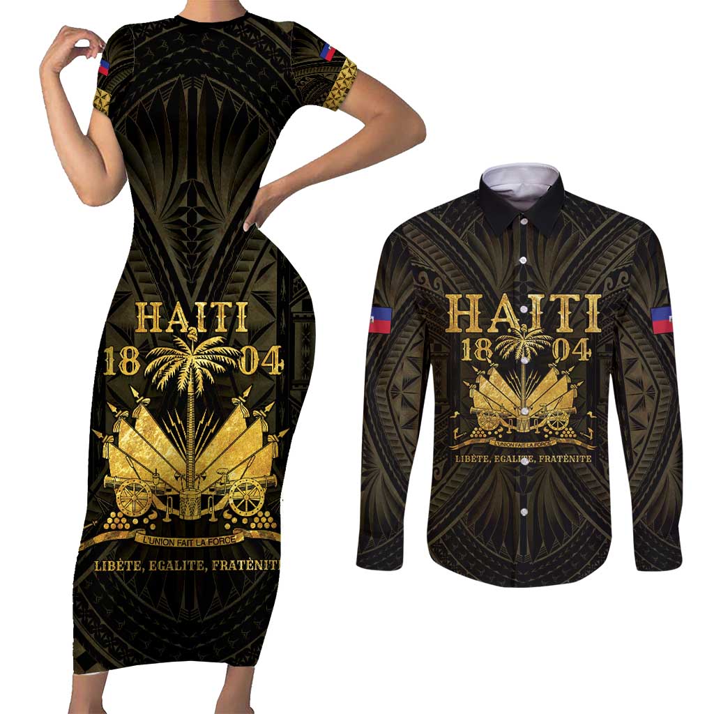 Haiti 1804 Couples Matching Short Sleeve Bodycon Dress and Long Sleeve Button Shirt Polynesian Gold Neg Maron LT05 Gold - Polynesian Pride