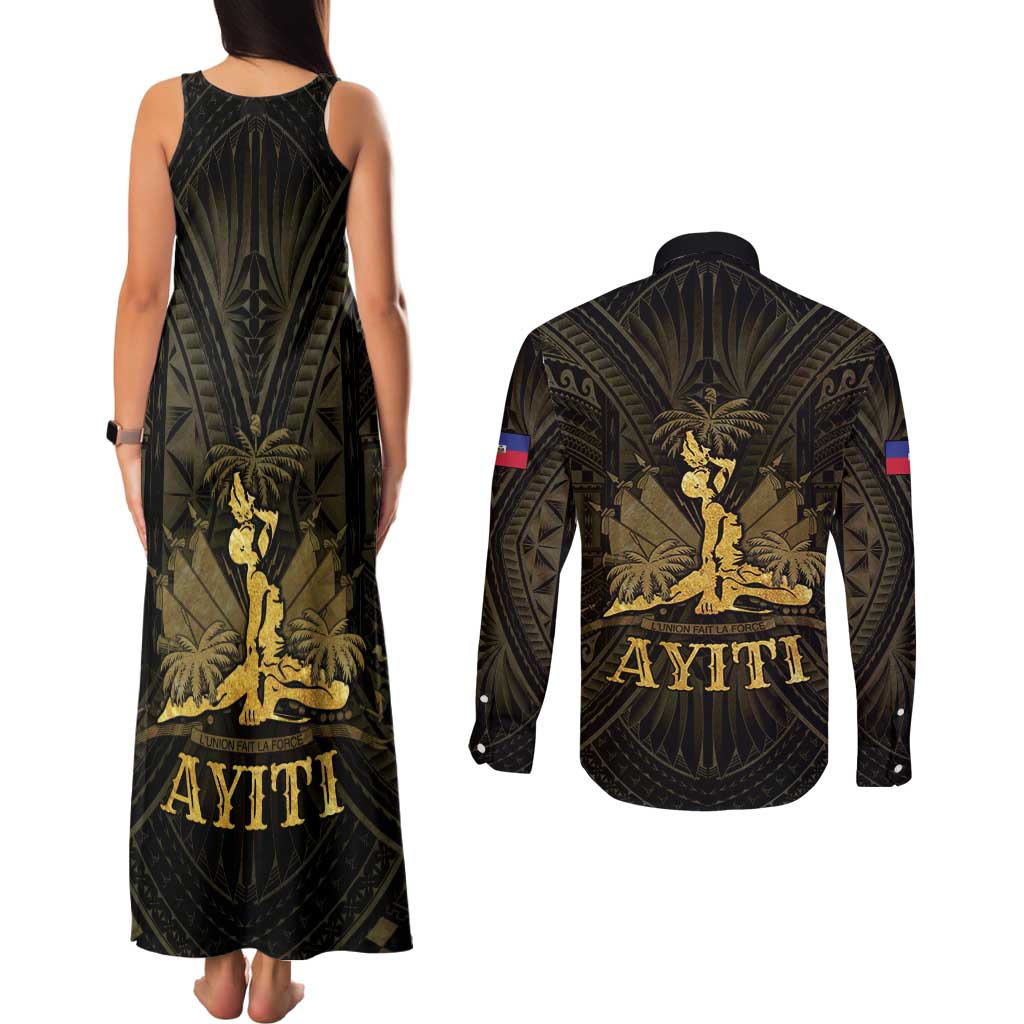 Haiti 1804 Couples Matching Tank Maxi Dress and Long Sleeve Button Shirt Polynesian Gold Neg Maron