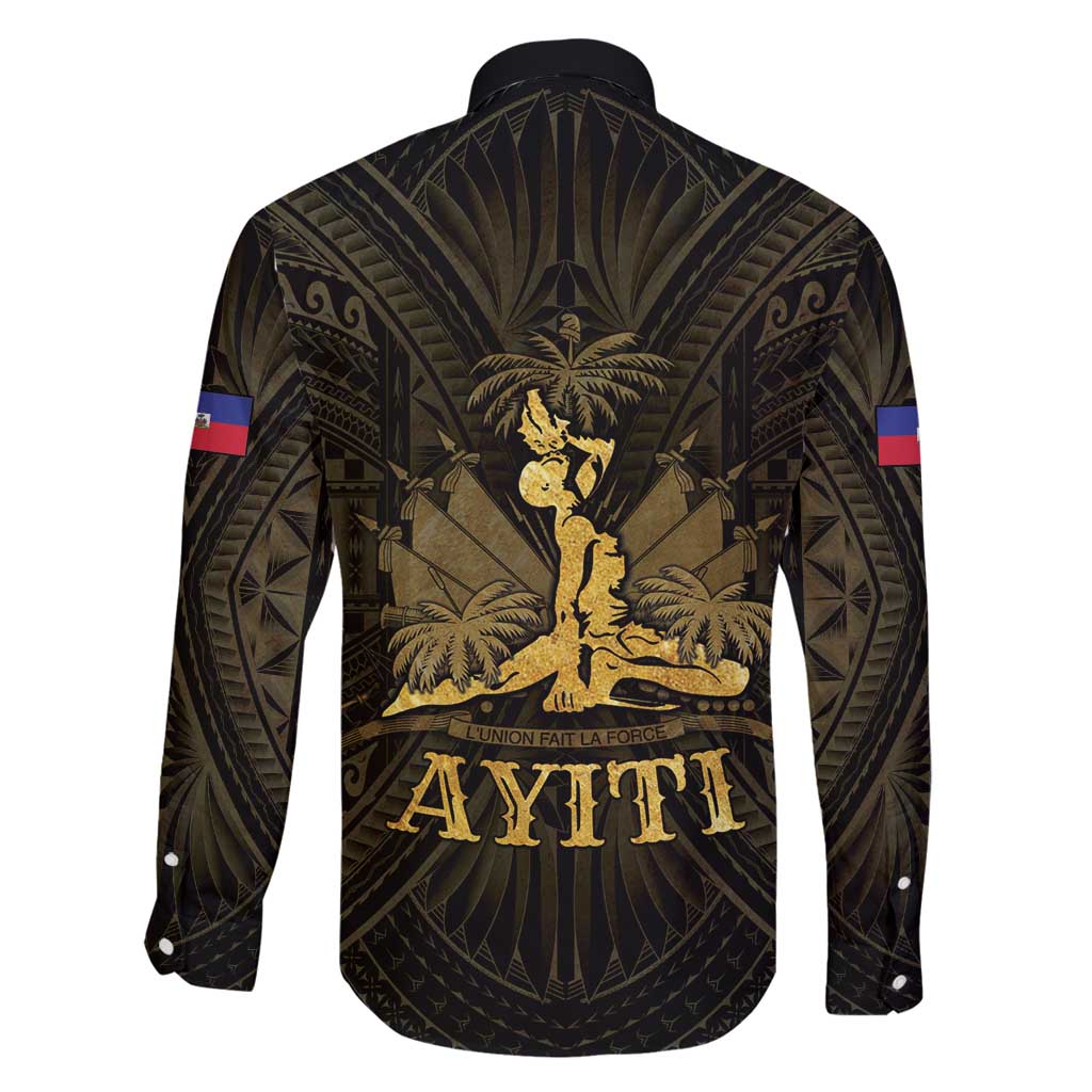 Haiti 1804 Family Matching Long Sleeve Bodycon Dress and Hawaiian Shirt Polynesian Gold Neg Maron