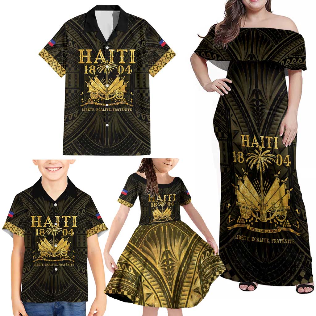 Haiti 1804 Family Matching Off Shoulder Maxi Dress and Hawaiian Shirt Polynesian Gold Neg Maron