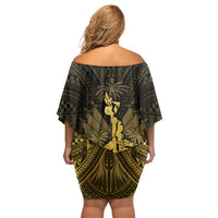 Haiti 1804 Family Matching Off Shoulder Short Dress and Hawaiian Shirt Polynesian Gold Neg Maron