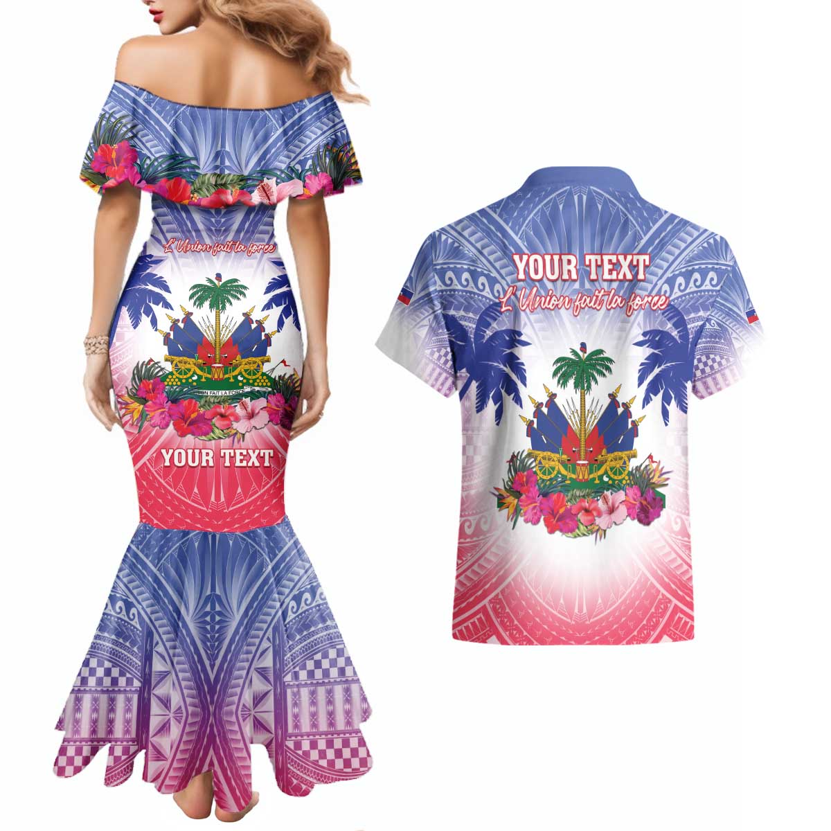 Personalised Haiti Independence Day Couples Matching Mermaid Dress and Hawaiian Shirt Neg Maron Polynesian Style LT05