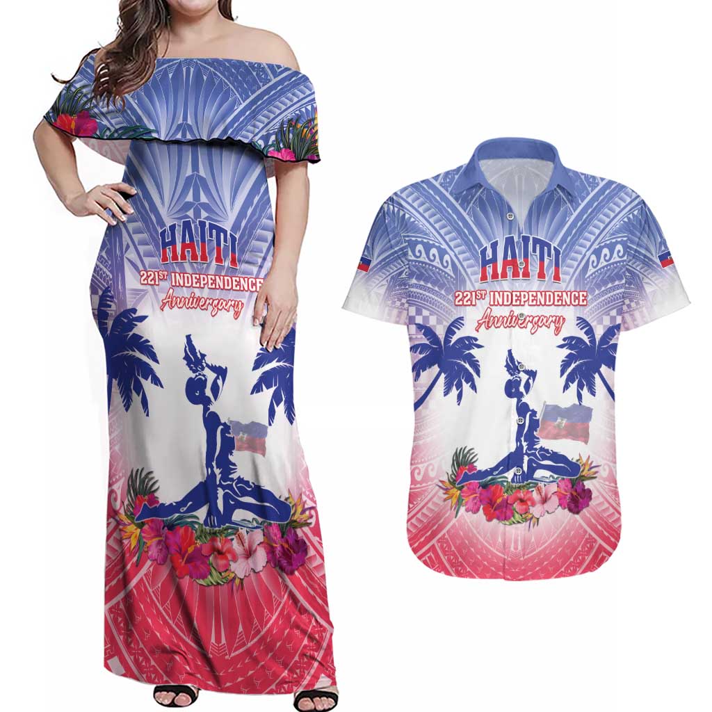 Personalised Haiti Independence Day Couples Matching Off Shoulder Maxi Dress and Hawaiian Shirt Neg Maron Polynesian Style LT05