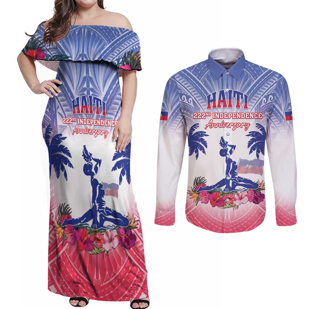 Personalised Haiti Independence Day Couples Matching Off Shoulder Maxi Dress and Long Sleeve Button Shirt Neg Maron Polynesian Style LT05 Blue - Polynesian Pride