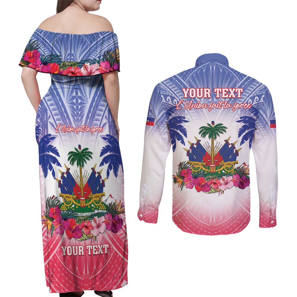 Personalised Haiti Independence Day Couples Matching Off Shoulder Maxi Dress and Long Sleeve Button Shirt Neg Maron Polynesian Style LT05 - Polynesian Pride