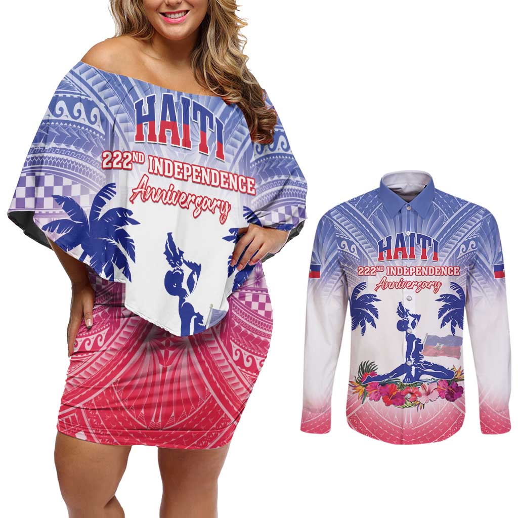 Personalised Haiti Independence Day Couples Matching Off Shoulder Short Dress and Long Sleeve Button Shirt Neg Maron Polynesian Style LT05 Blue - Polynesian Pride