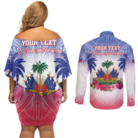 Personalised Haiti Independence Day Couples Matching Off Shoulder Short Dress and Long Sleeve Button Shirt Neg Maron Polynesian Style LT05 - Polynesian Pride