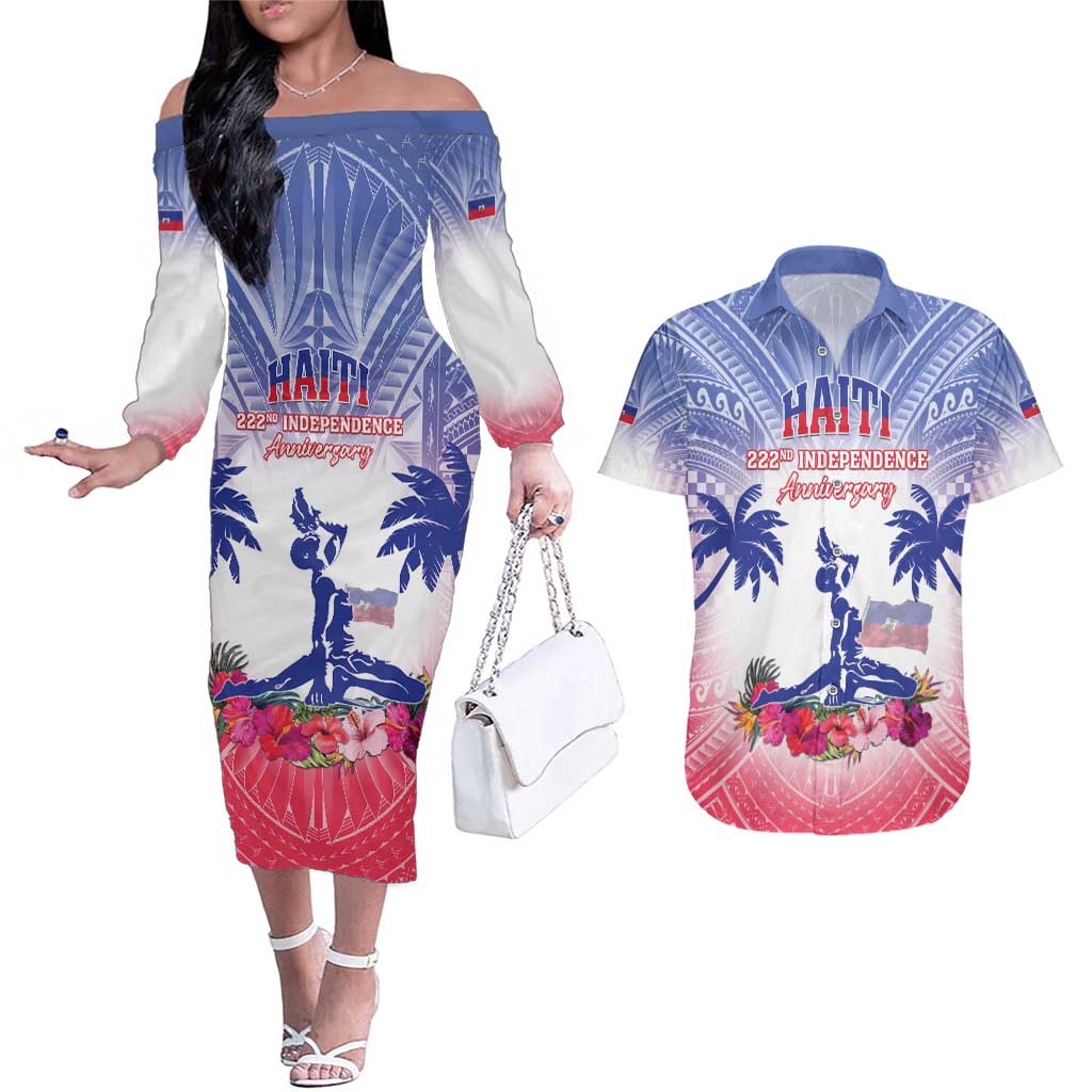 Personalised Haiti Independence Day Couples Matching Off The Shoulder Long Sleeve Dress and Hawaiian Shirt Neg Maron Polynesian Style LT05 Blue - Polynesian Pride