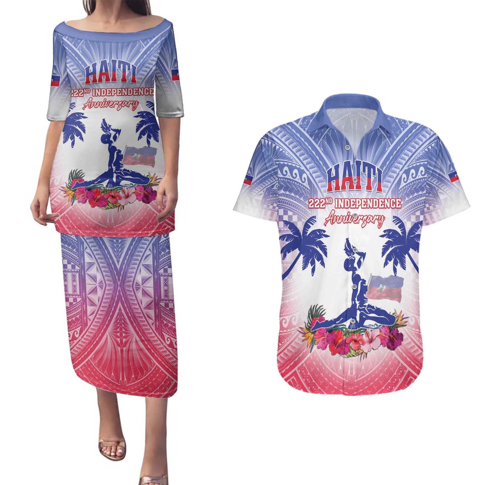 Personalised Haiti Independence Day Couples Matching Puletasi and Hawaiian Shirt Neg Maron Polynesian Style LT05 Blue - Polynesian Pride