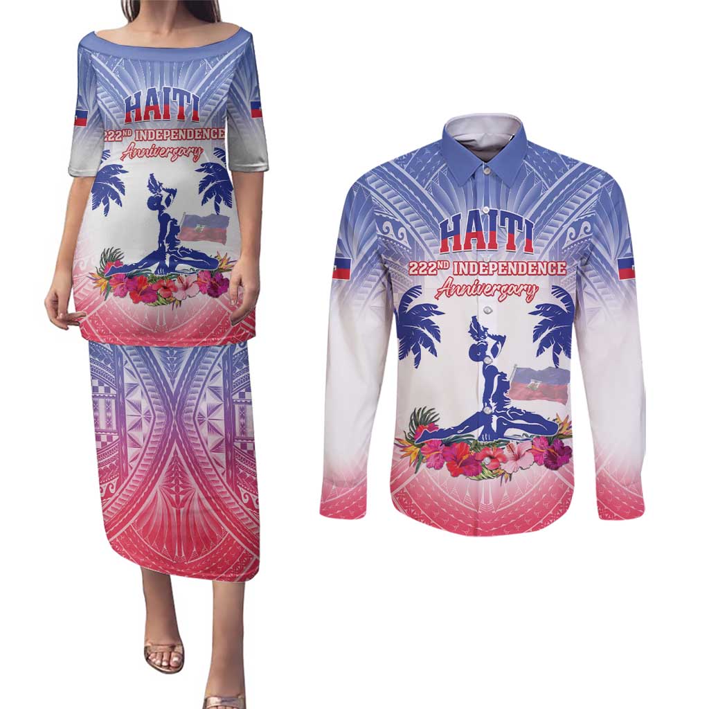 Personalised Haiti Independence Day Couples Matching Puletasi and Long Sleeve Button Shirt Neg Maron Polynesian Style LT05 Blue - Polynesian Pride